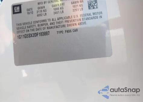 2013 Chevrolet Malibu 3Lt z USA, uszkodzony, nr VIN 1G11G5SX2DF183887